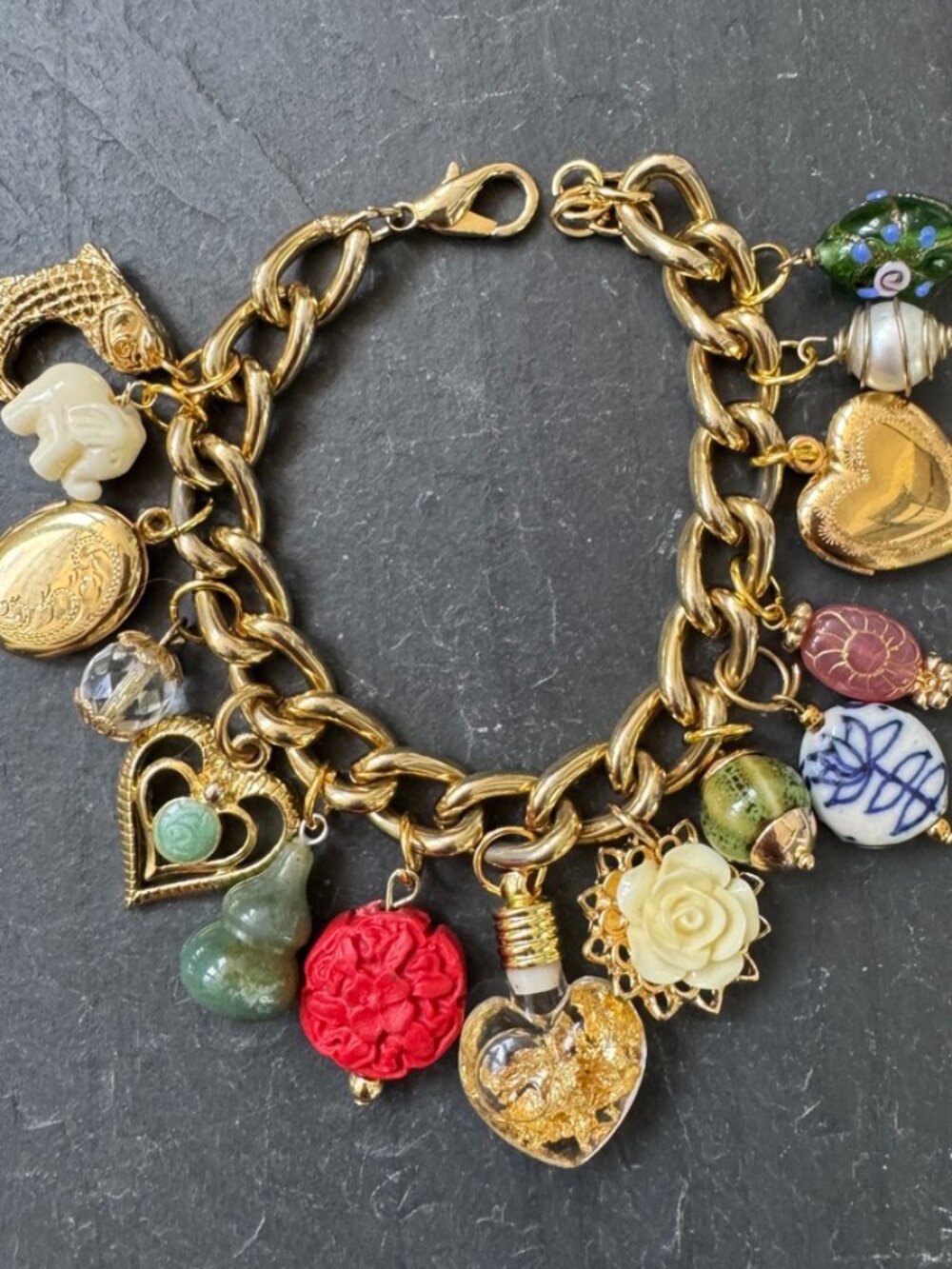 Vintage Charm Bracelet Pendant Pearl Heart Flower Beads Locket Elephant Fish